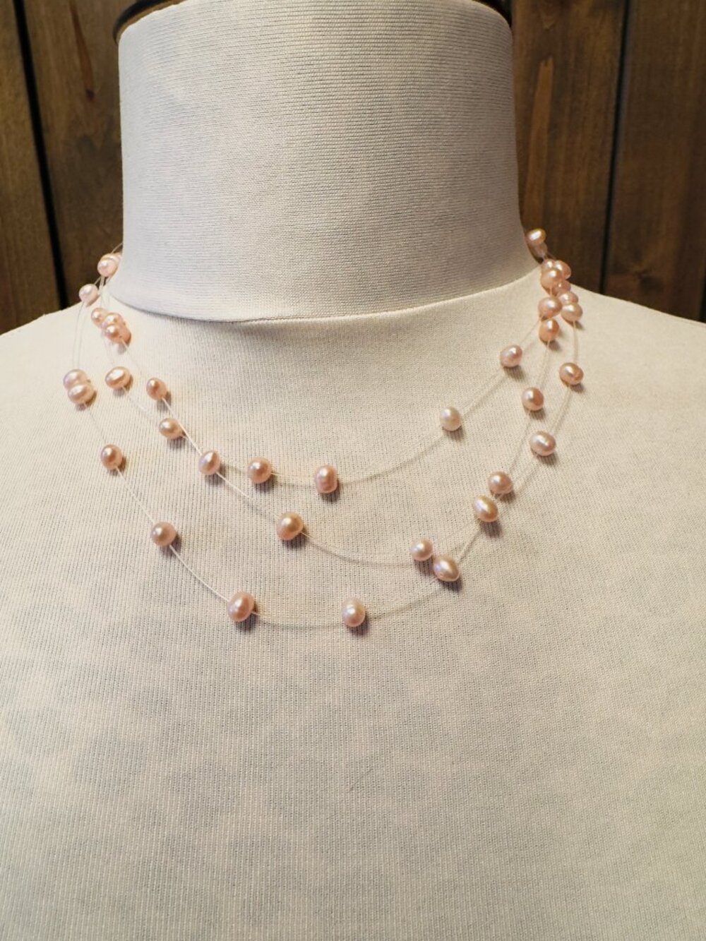 Floating Pink Pearl Tri Strand Necklace